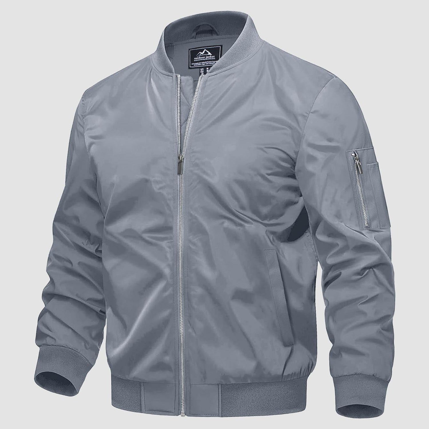 Men's quilted windproof bomber jacket with pockets, thermal all-season outerwear in durable polyester