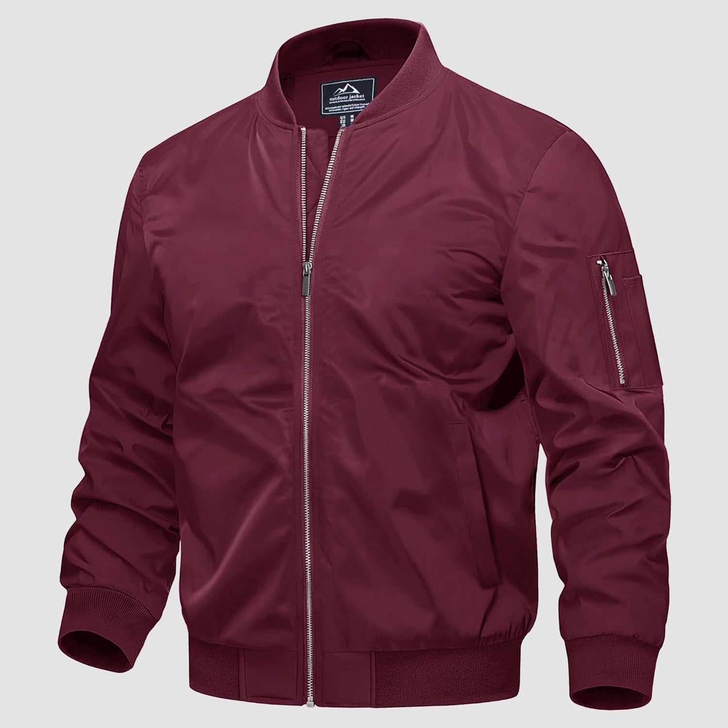 Men's quilted windproof bomber jacket with pockets, thermal all-season outerwear in durable polyester