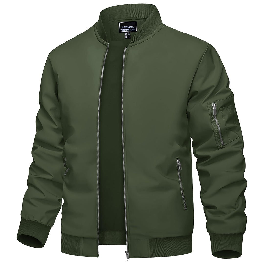 Men's lightweight navy bomber jacket windbreaker with zip pockets, breathable polyester outdoor style