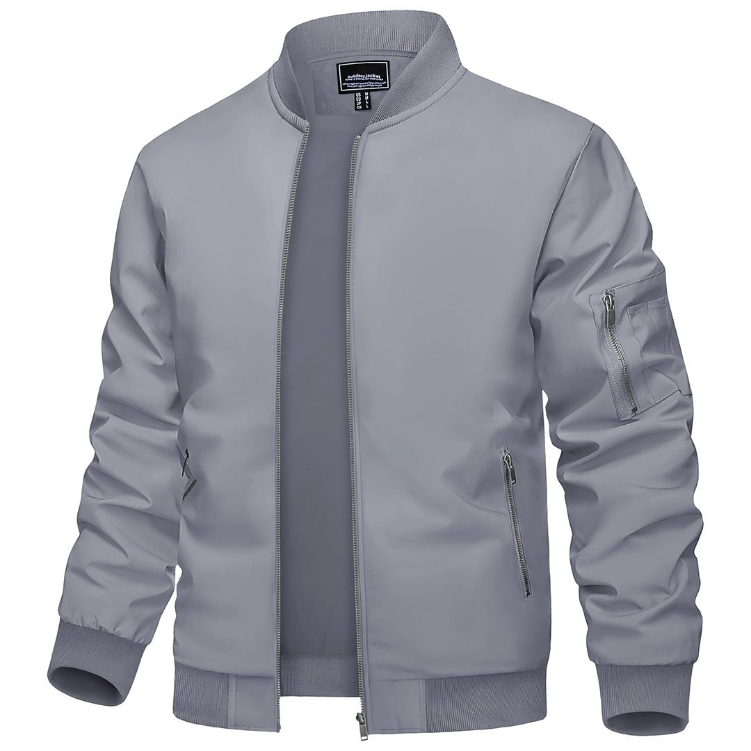 Men's lightweight navy blue bomber jacket with zip pockets, breathable windbreaker design for outdoor wear