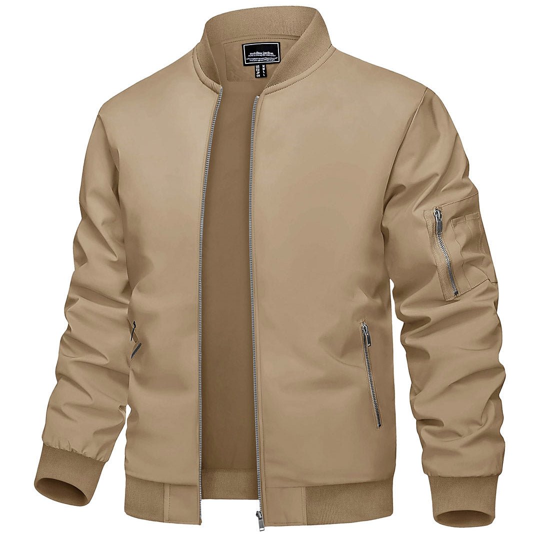 Men's lightweight navy blue bomber jacket with zip pockets, breathable windbreaker cut for outdoor wear
