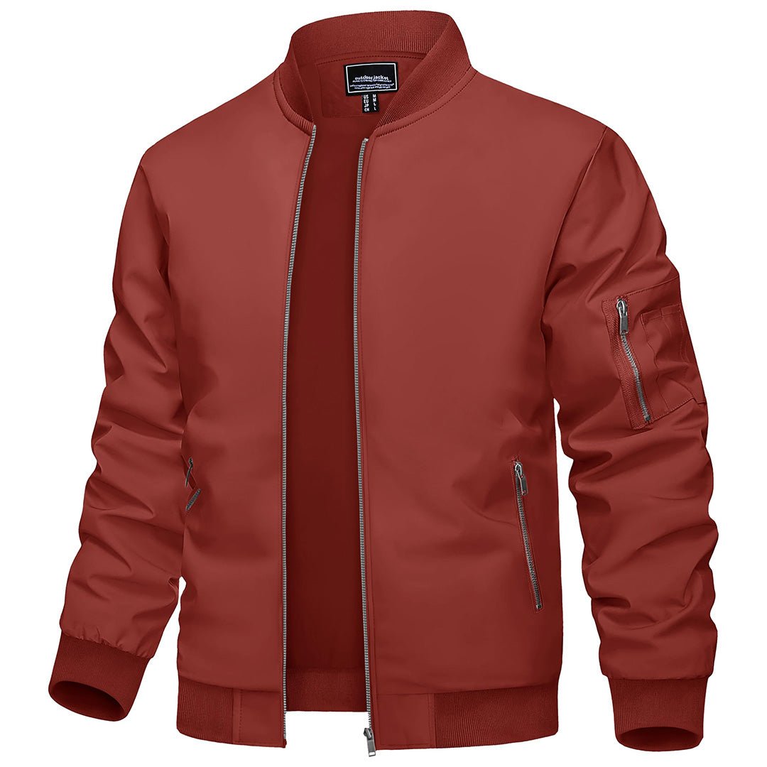 Men's lightweight navy bomber jacket with zip pockets, breathable windbreaker cut for outdoor wear