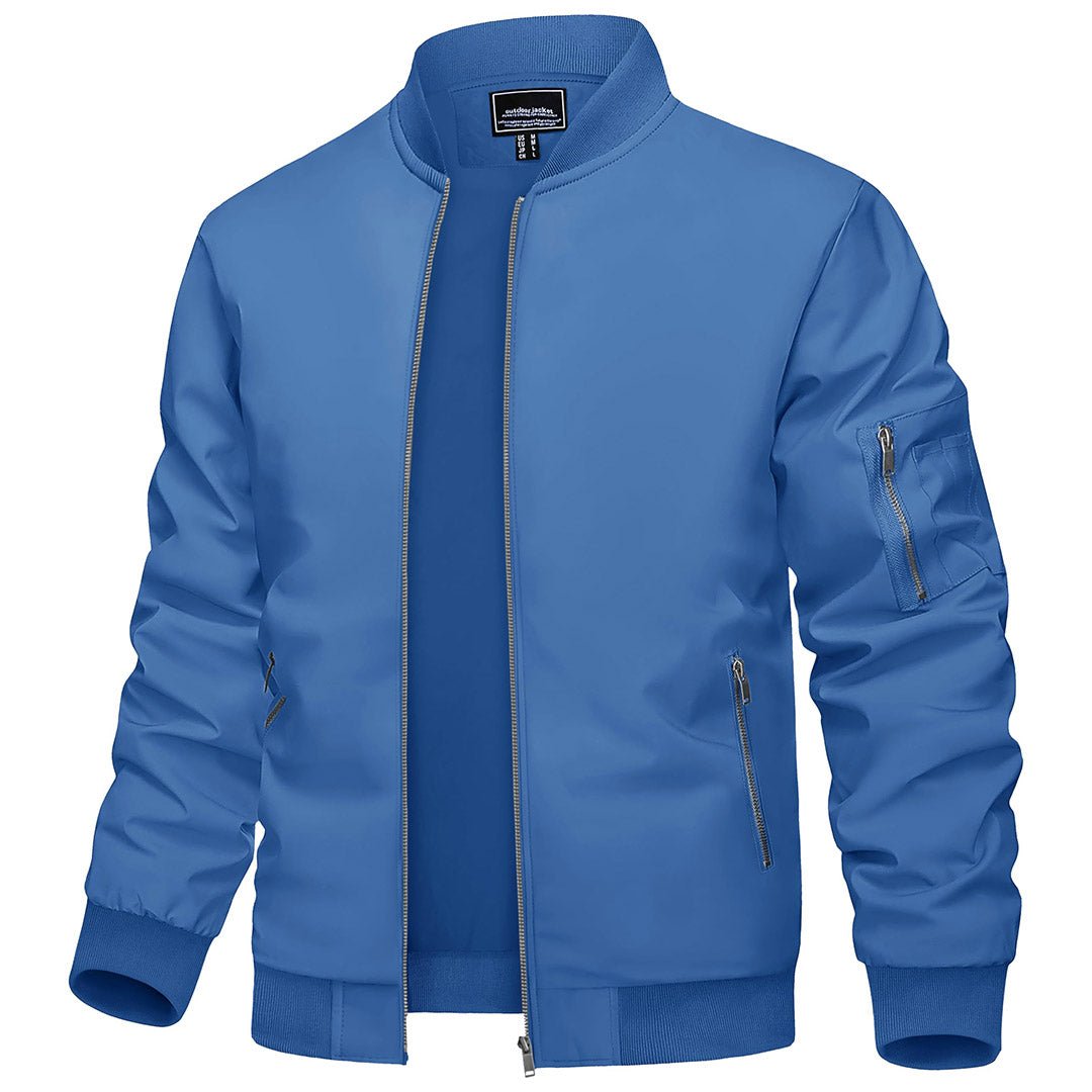 Men's lightweight navy bomber jacket slim fit windbreaker with zip pockets for outdoor wear
