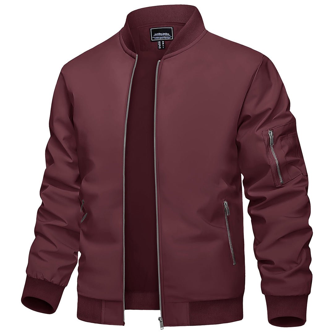 Men's lightweight navy blue bomber jacket with zip pockets, breathable windbreaker cut for outdoor wear