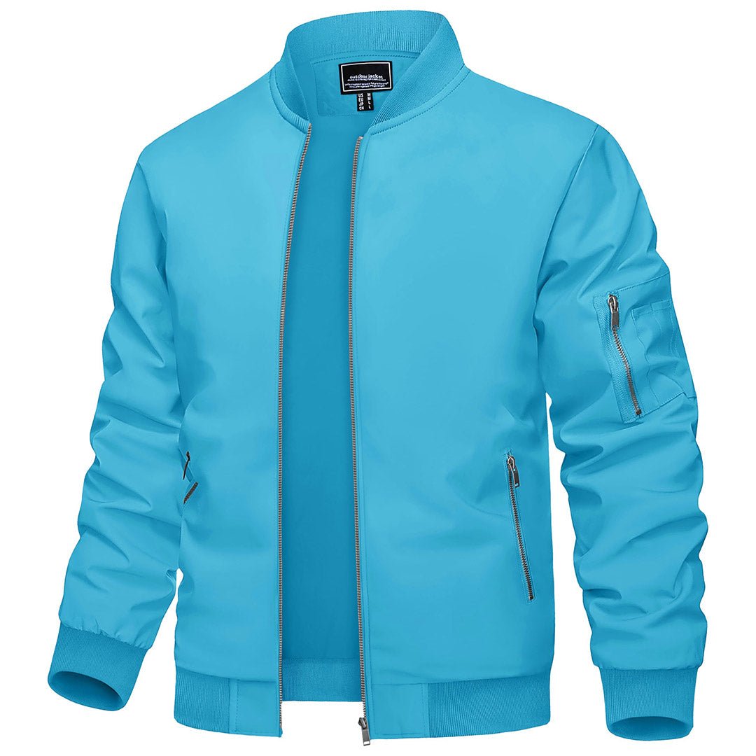 Men's lightweight navy blue bomber jacket with zip pockets, breathable windbreaker design for outdoor use
