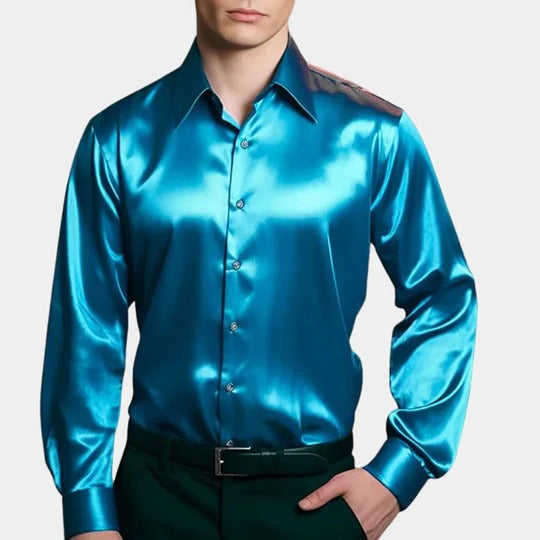 White satin men's slim-fit business shirt with structured silhouette for office professionals
