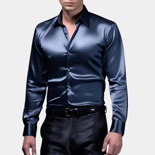 White satin men's slim-fit business shirt with structured silhouette for office professionals