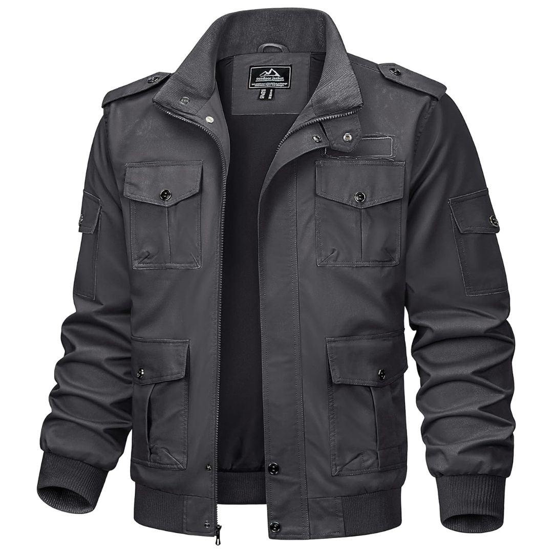 Men's olive cargo jacket military-style lightweight cotton windproof multi-pocket outdoor adventure coat