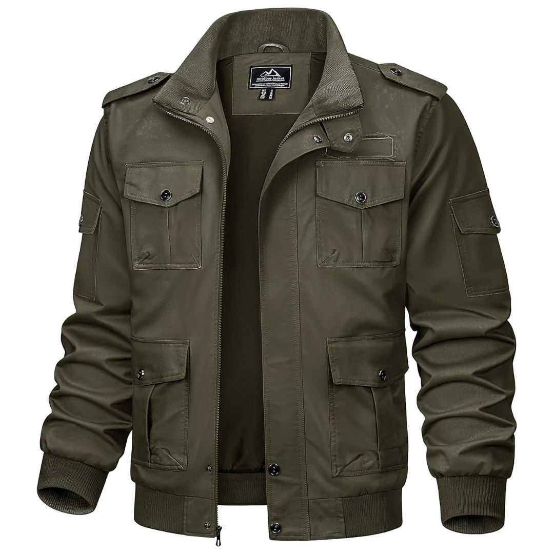Men's olive cargo jacket military-style lightweight cotton multi-pocket windproof outdoor adventure coat