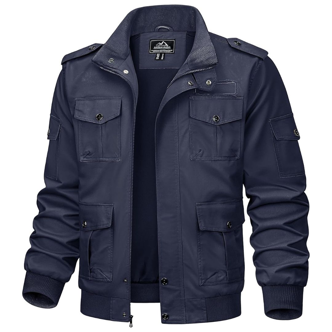 Men's lightweight cotton cargo jacket military style olive green multi-pocket windproof outdoor adventure coat