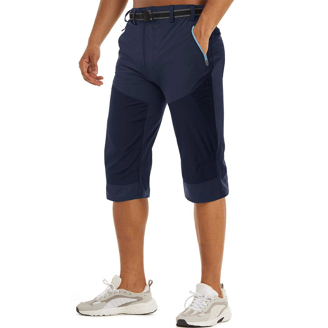 Men's khaki quick-dry cargo capri pants with elastic waist, lightweight nylon for hiking