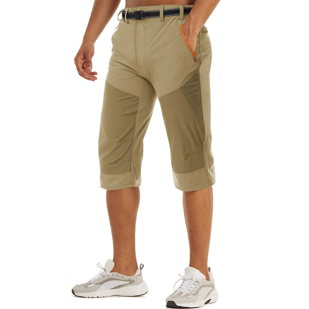 Men's khaki quick-dry cargo capri pants for hiking with elastic waist and multi-pocket design
