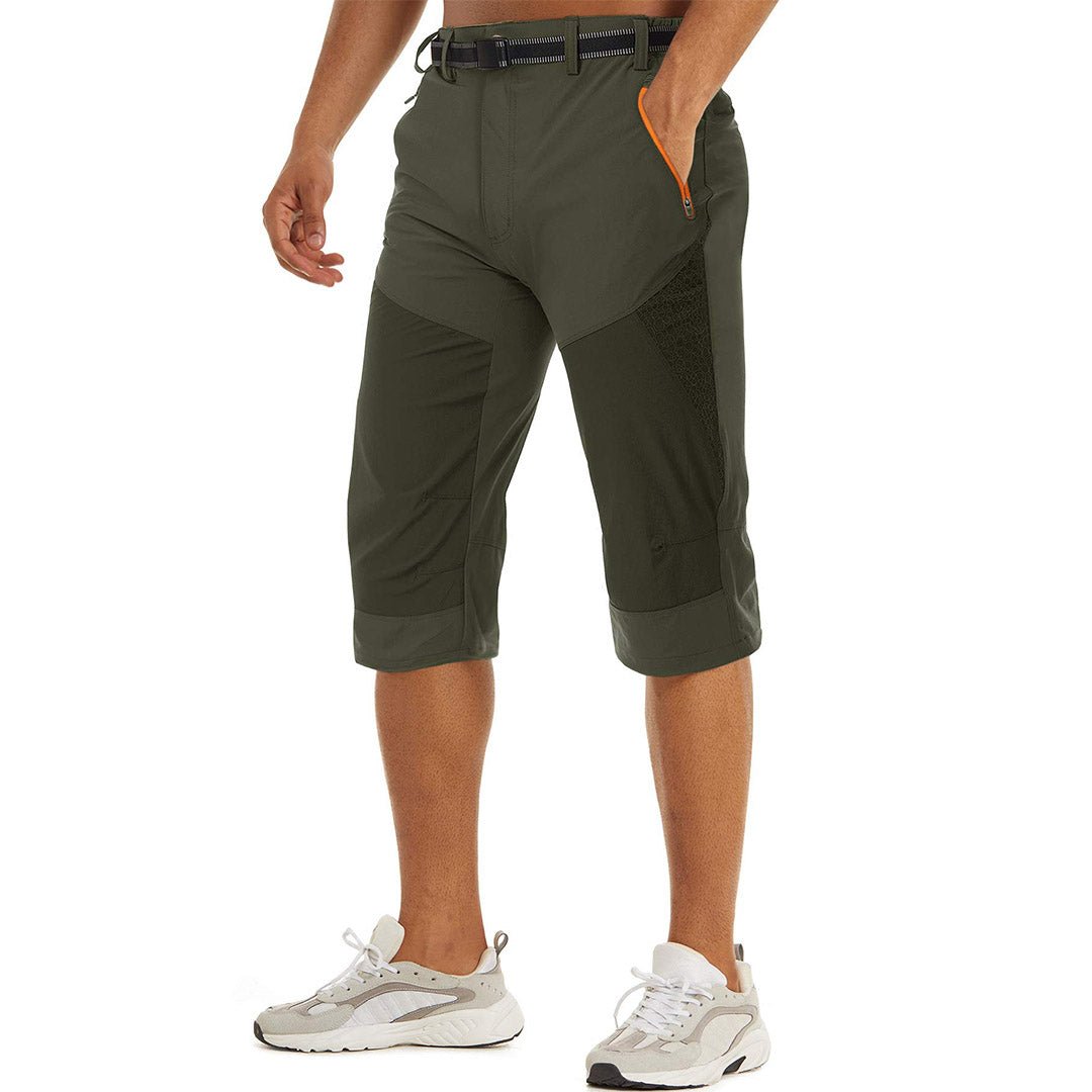 Men's khaki quick-dry nylon cargo capri pants with elastic waist for hiking outdoor adventures