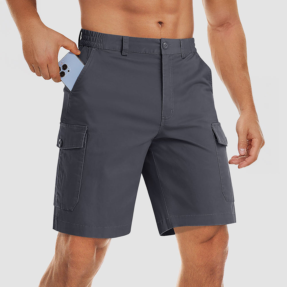 Men's khaki ripstop cargo shorts multi-pocket relaxed fit breathable cotton-spandex outdoor workwear
