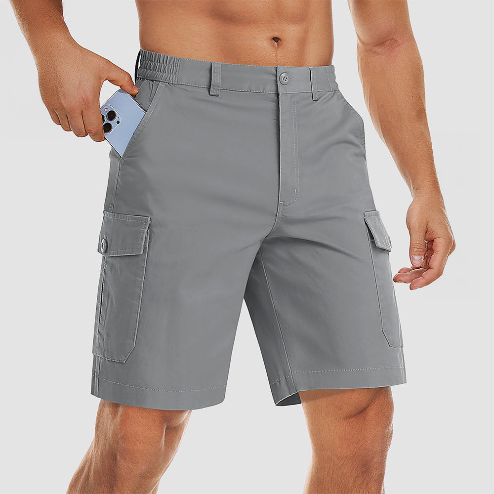 Men's khaki ripstop cargo shorts multi-pocket relaxed fit breathable cotton-spandex outdoor workwear