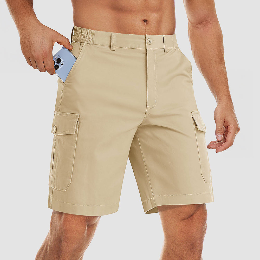 Men's khaki ripstop cargo shorts with multi-pocket design and stretch cotton blend for outdoor workwear