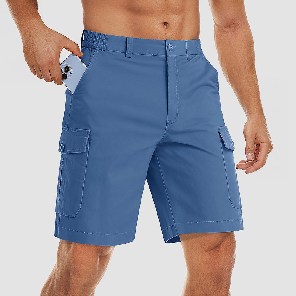 Men's khaki ripstop cargo shorts multi-pocket relaxed fit breathable cotton-spandex outdoor workwear
