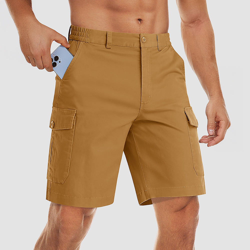 Men's khaki cargo shorts ripstop cotton-spandex blend multi-pocket outdoor workwear relaxed fit