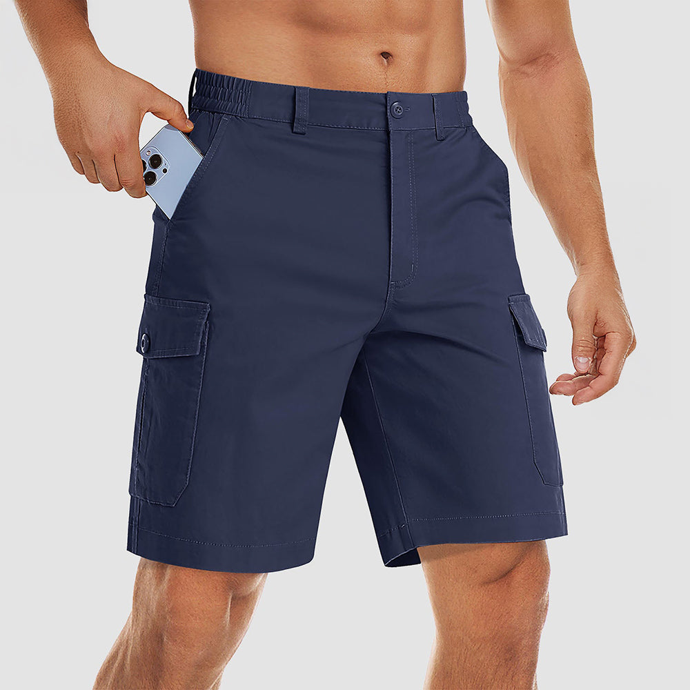 Men's khaki ripstop cargo shorts with multi-pocket design and stretch comfort for outdoor workwear