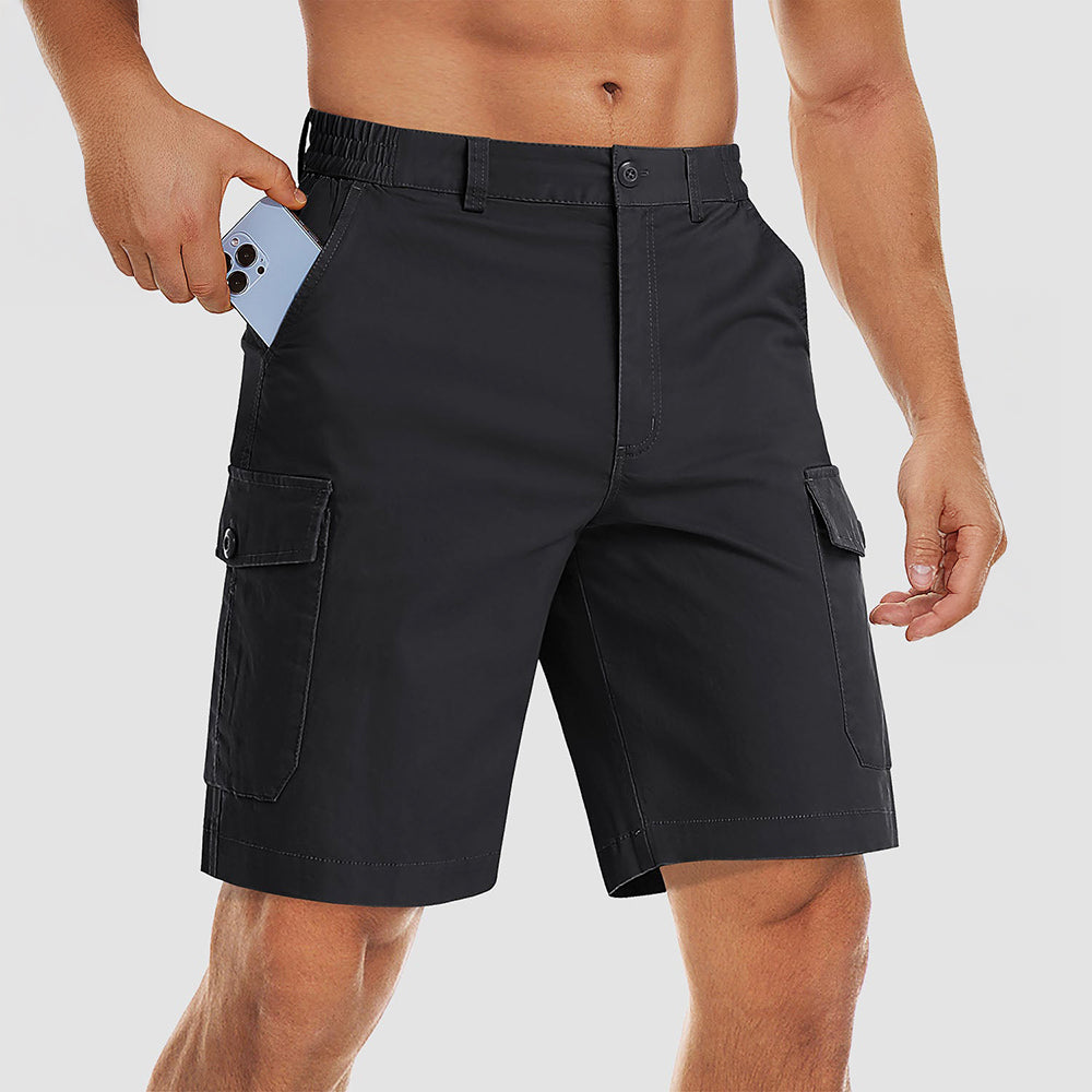 Men's khaki ripstop cargo shorts with multi-pocket design and stretch comfort fit for outdoor workwear