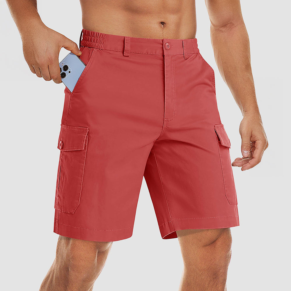 Men's khaki ripstop cargo shorts with multi-pocket utility design and stretch comfort fit