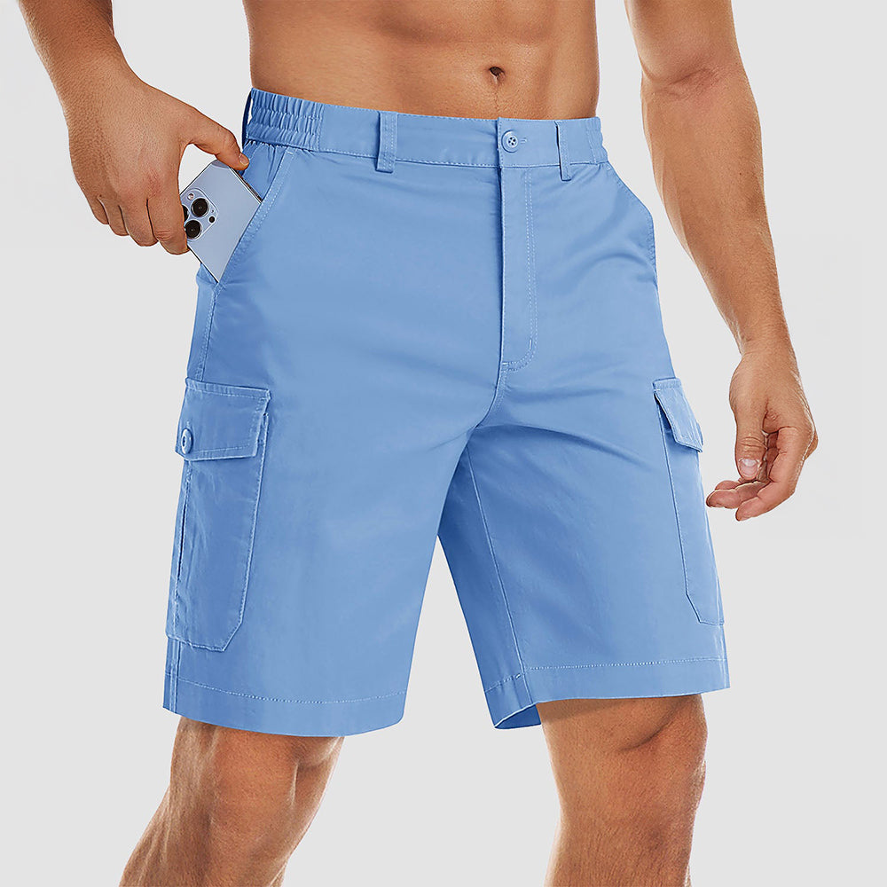 Men's khaki ripstop cargo shorts multi-pocket relaxed fit breathable cotton-spandex outdoor workwear