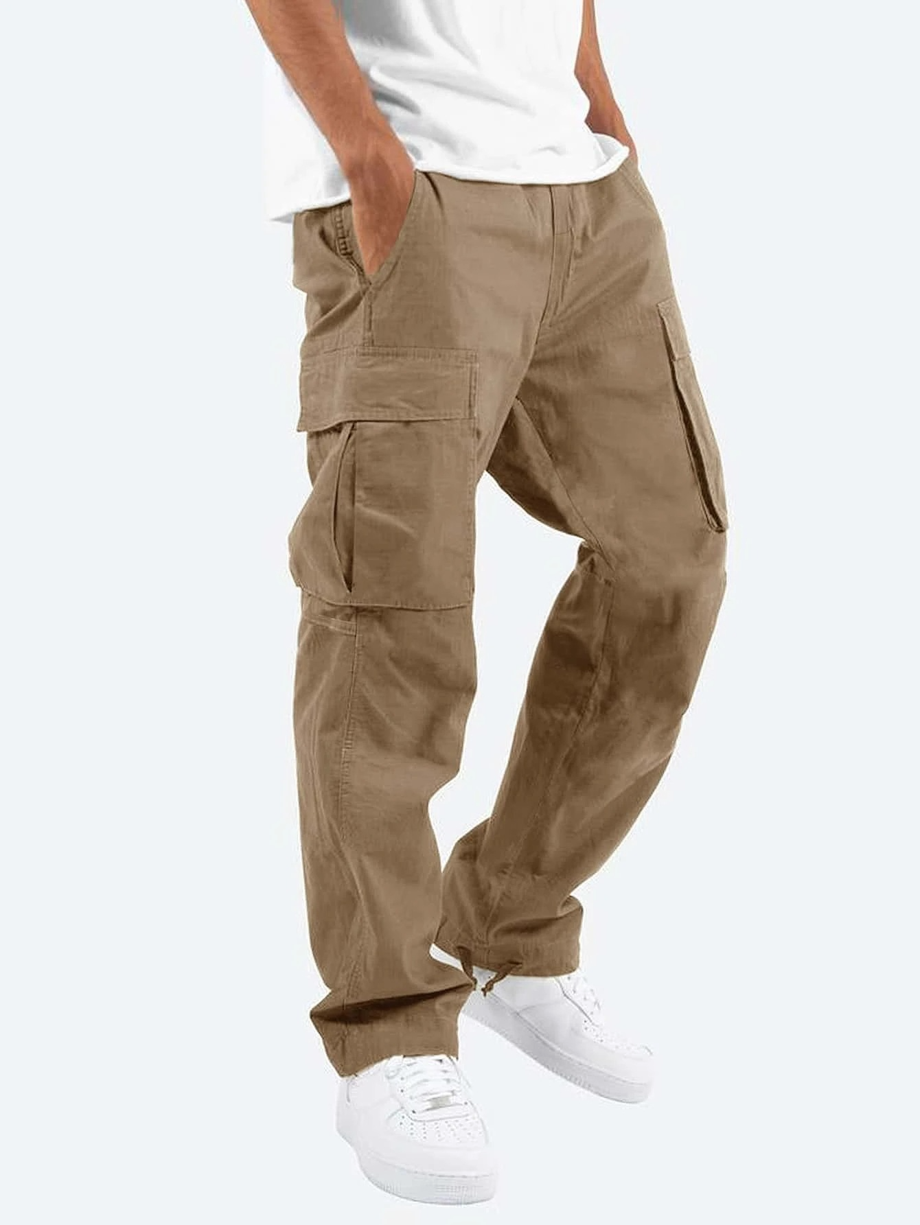 Men's khaki relaxed fit cargo pants with functional side pockets for everyday casual wear