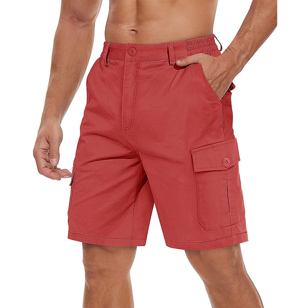 Men's khaki stretch twill cargo shorts with elastic waistband and six-pocket wrinkle-resistant design