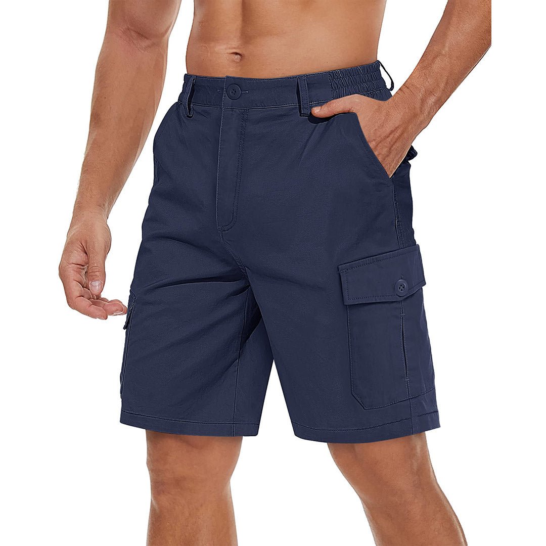 Men's khaki stretch twill cargo shorts with elastic waistband and six-pocket wrinkle-resistant design