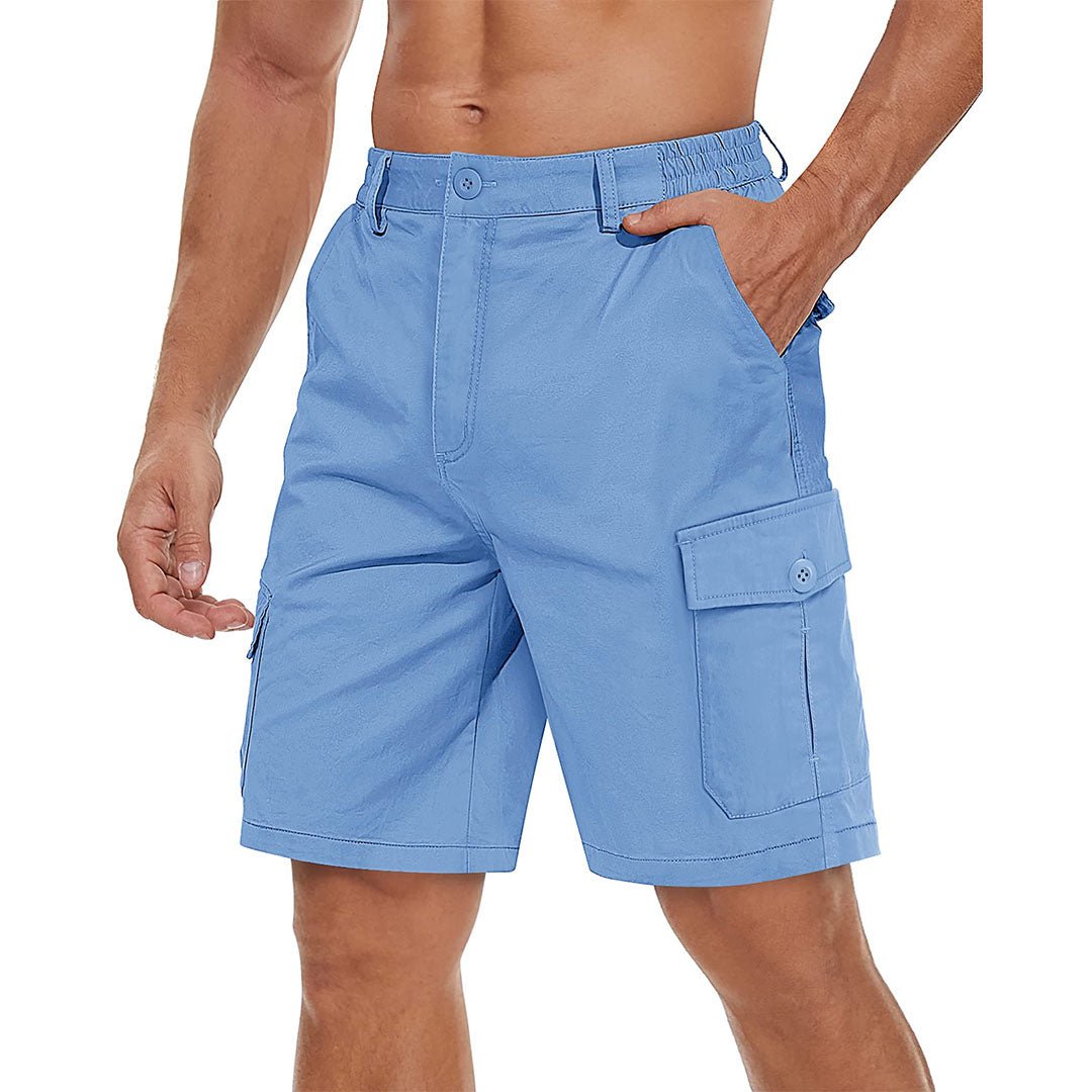 Men's khaki stretch twill cargo shorts with elastic waistband and six-pocket wrinkle-resistant design