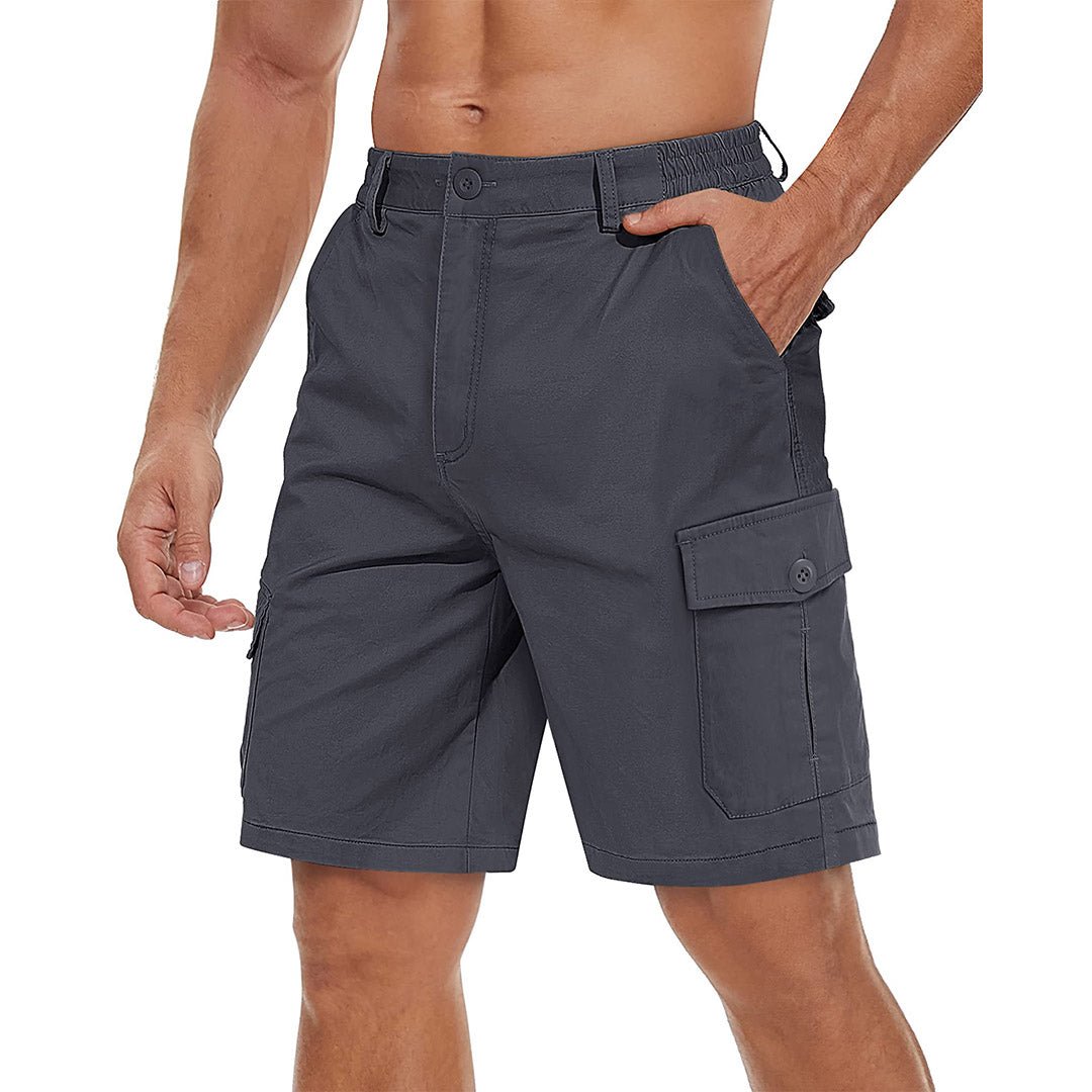 Men's khaki cargo shorts stretch twill elastic waist six-pocket wrinkle-resistant active fit