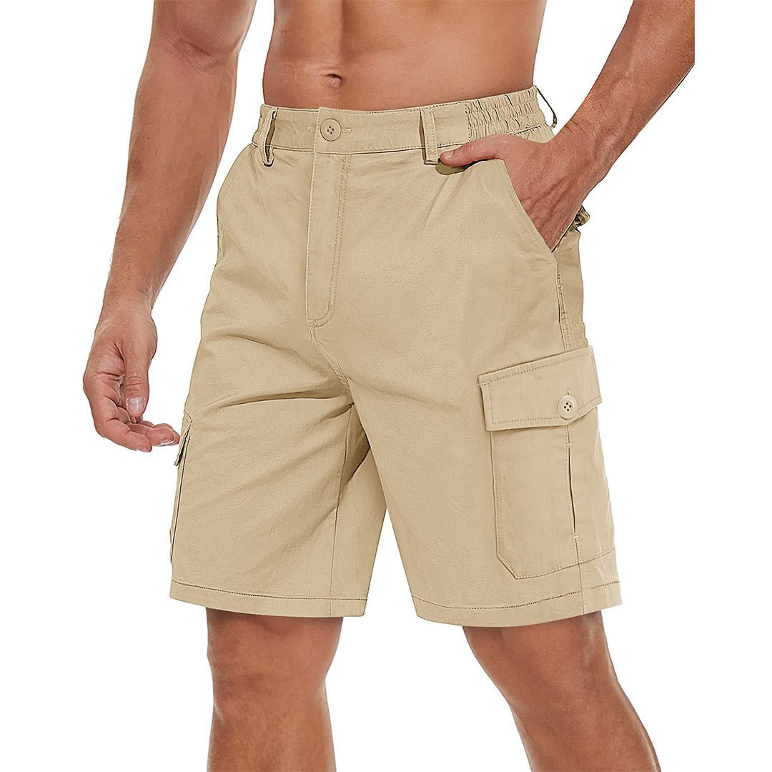 Men's khaki cargo shorts stretch twill elastic waistband six-pocket wrinkle-resistant active fit