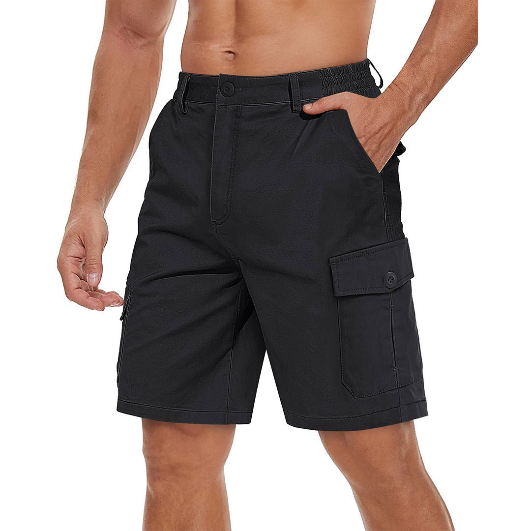 Men's khaki stretch twill cargo shorts with elastic waistband and six-pocket wrinkle-resistant design