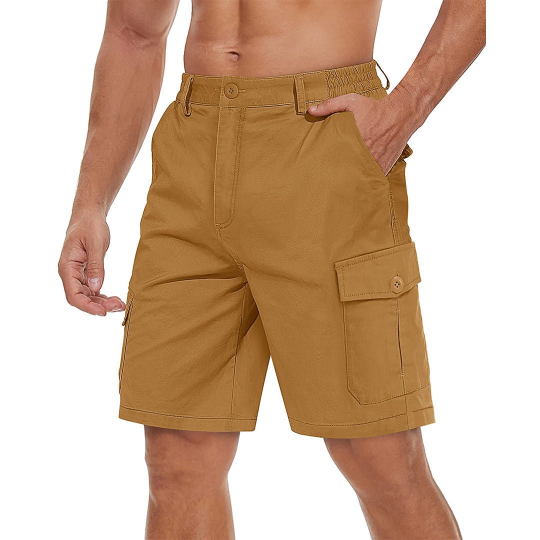 Men's khaki stretch twill cargo shorts with elastic waistband and six-pocket wrinkle-resistant design