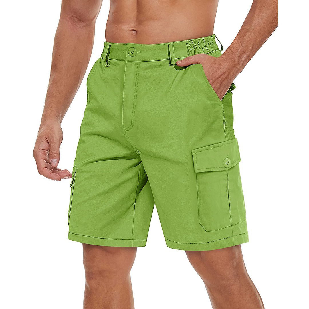 Men's khaki cargo shorts stretch twill relaxed fit elastic waistband six-pocket wrinkle-resistant comfort