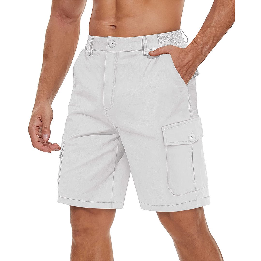 Men's khaki stretch twill cargo shorts with elastic waistband and six-pocket wrinkle-resistant design
