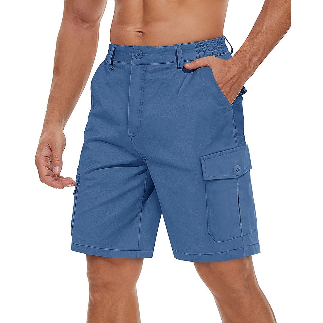 Men's khaki stretch twill cargo shorts with elastic waistband and six-pocket wrinkle-resistant design