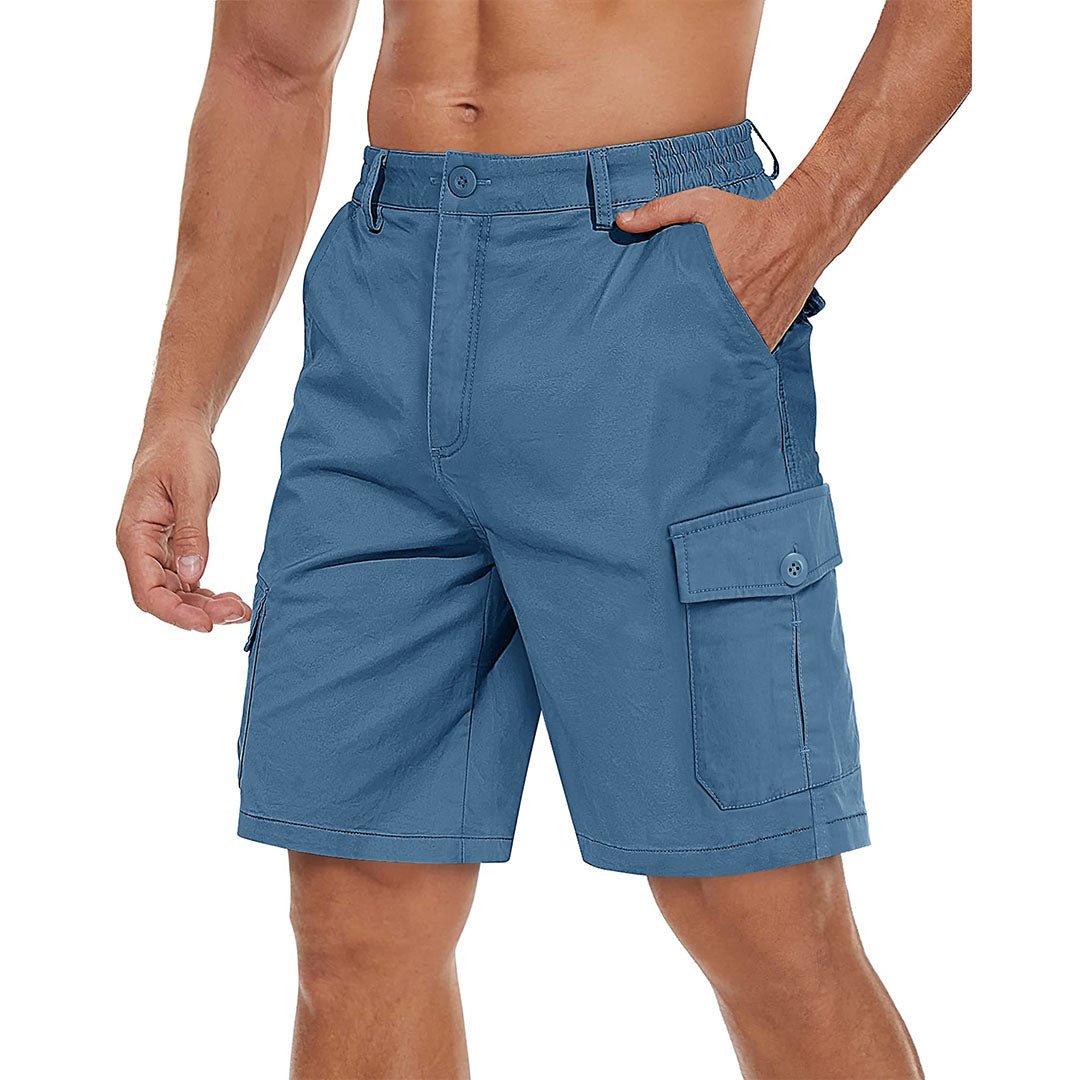 Men's khaki stretch twill cargo shorts with elastic waistband and six-pocket wrinkle-resistant design