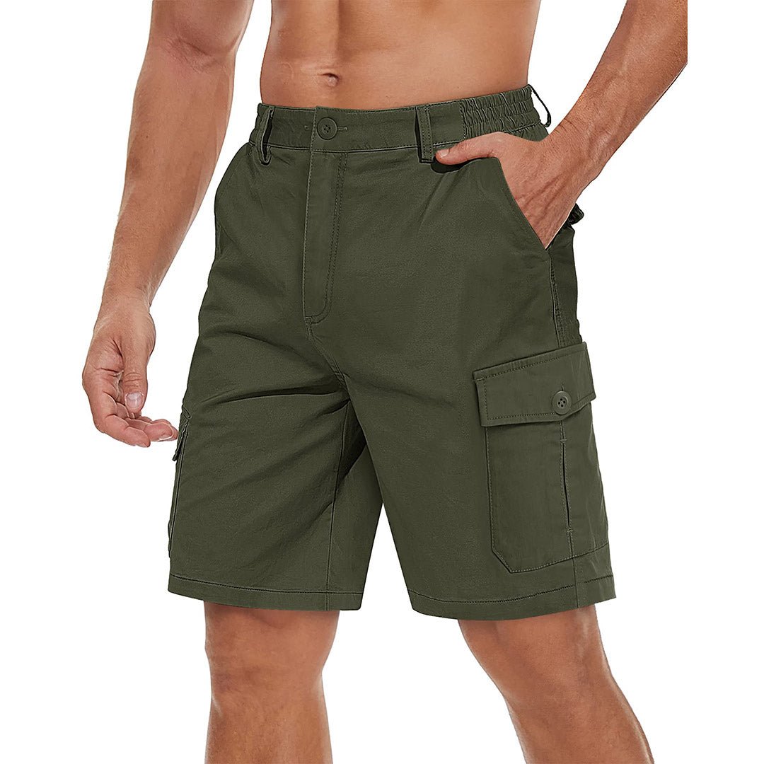 Men's khaki cargo shorts stretch twill elastic waistband six-pocket wrinkle-resistant relaxed fit