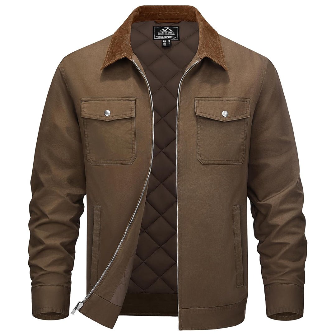 Men's brown corduroy cargo jacket five-pocket quilted lining lightweight insulated casual fit