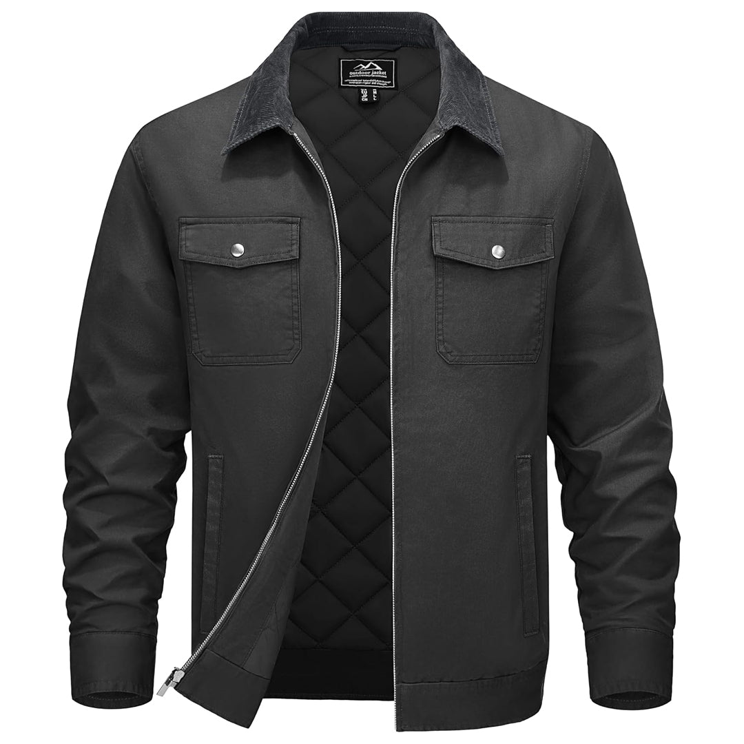 Men's brown corduroy cargo jacket five-pocket design quilted nylon lining lightweight insulated casual fit