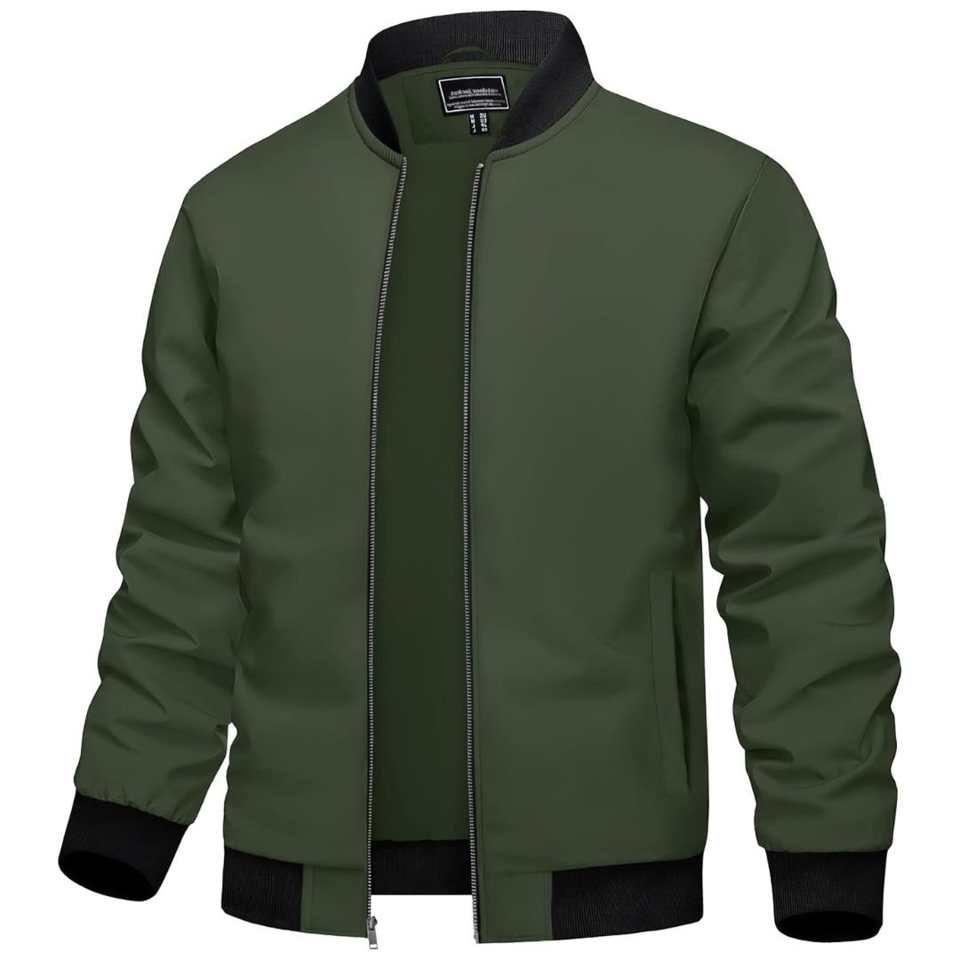 Men's lightweight polyester bomber jacket in solid color with classic silhouette and breathable nylon lining