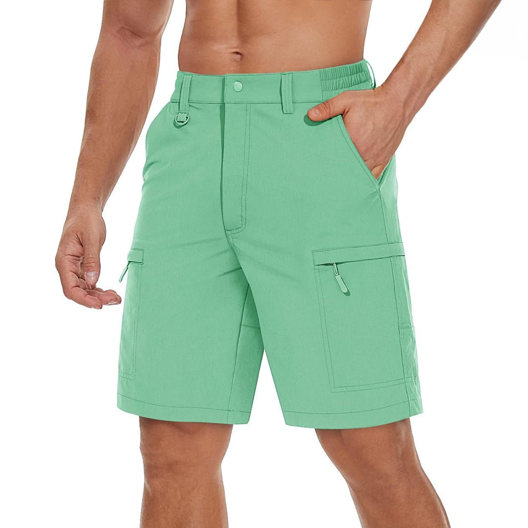 Men's lightweight khaki hiking cargo shorts, quick-dry nylon spandex blend with 5 pockets