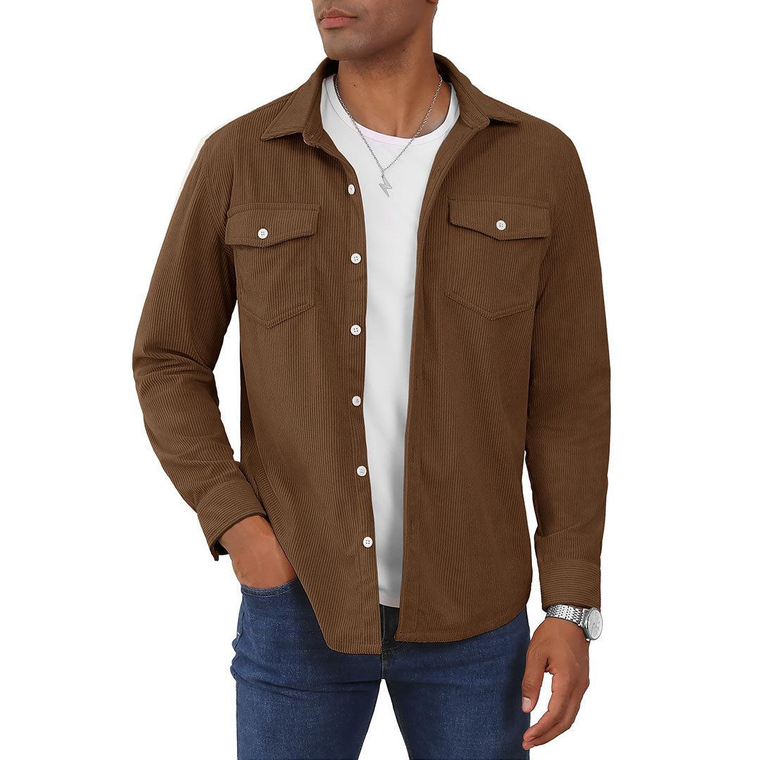 Men's corduroy button-down shirt jacket with front pockets, lightweight casual versatile outerwear