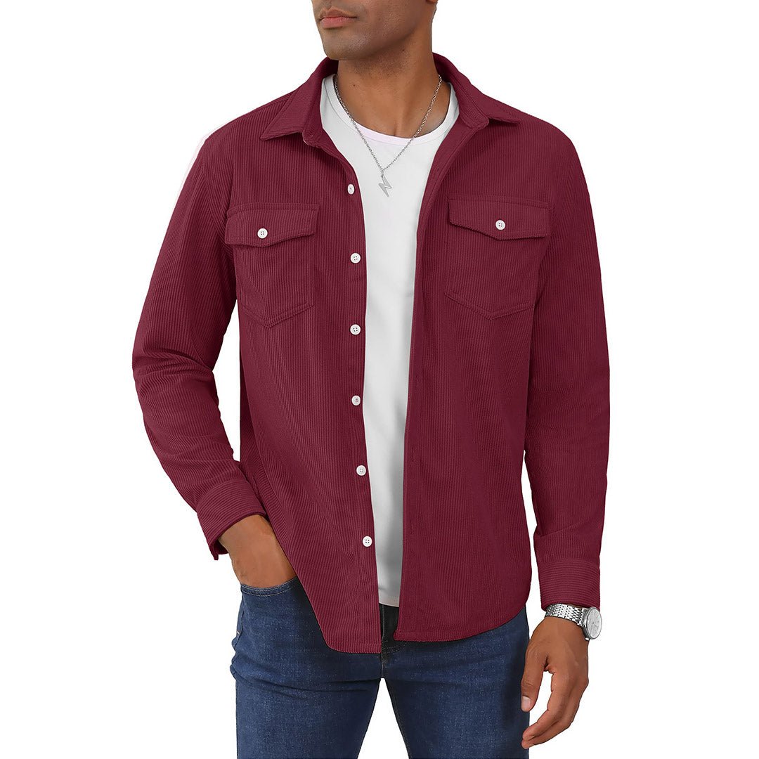 Men's corduroy button-down shirt jacket with front pockets, lightweight casual versatile outerwear