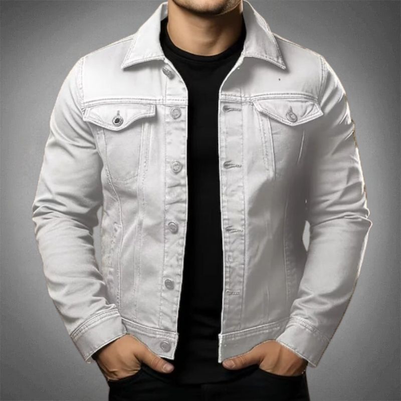 Men's classic blue cotton denim jacket regular fit with button-up closure for versatile everyday wear