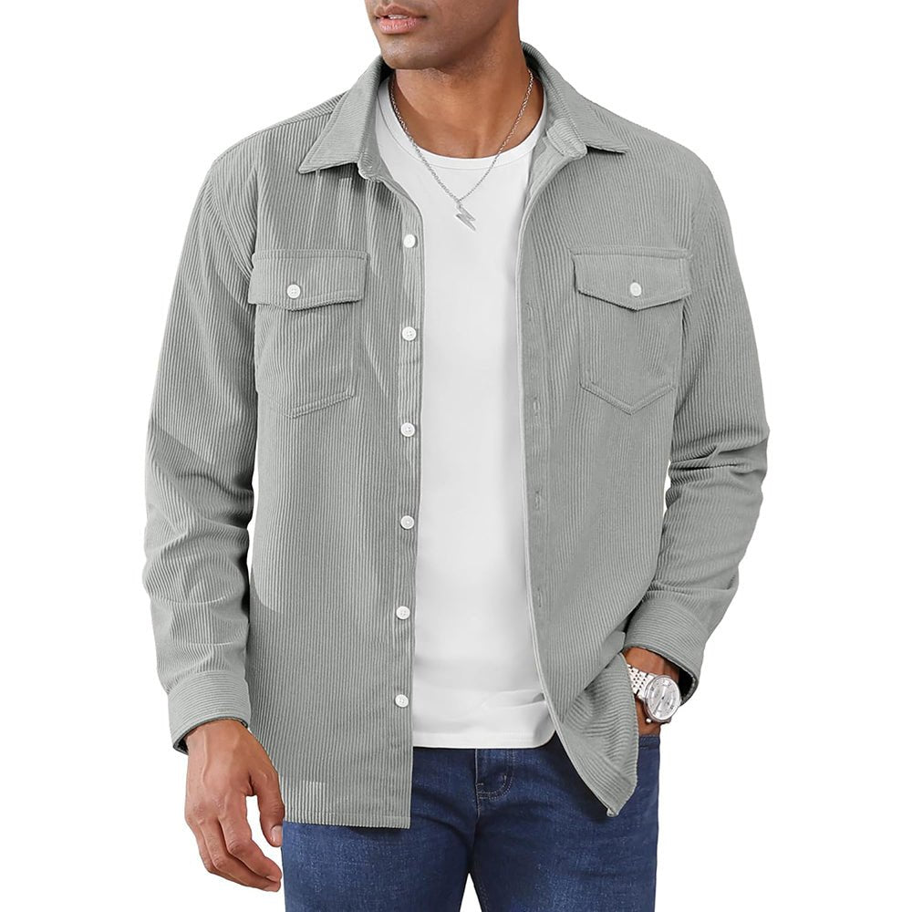 Men's corduroy button-down shirt jacket with front pockets, lightweight casual versatile outerwear