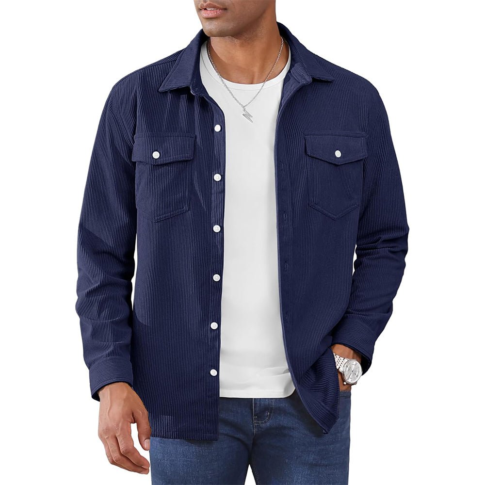 Men's corduroy button-down shirt jacket with front pockets, lightweight casual versatile outerwear