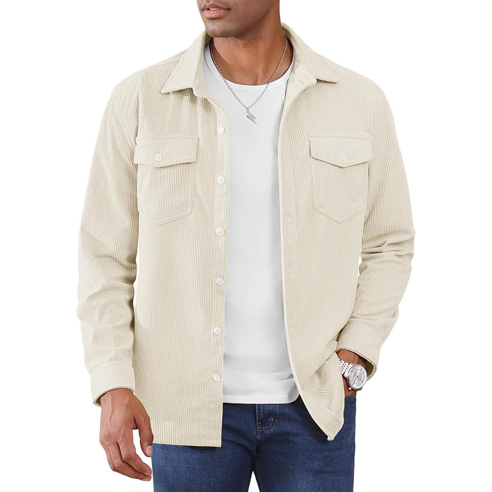 Men's corduroy button-down shirt jacket with front pockets, lightweight casual versatile outerwear