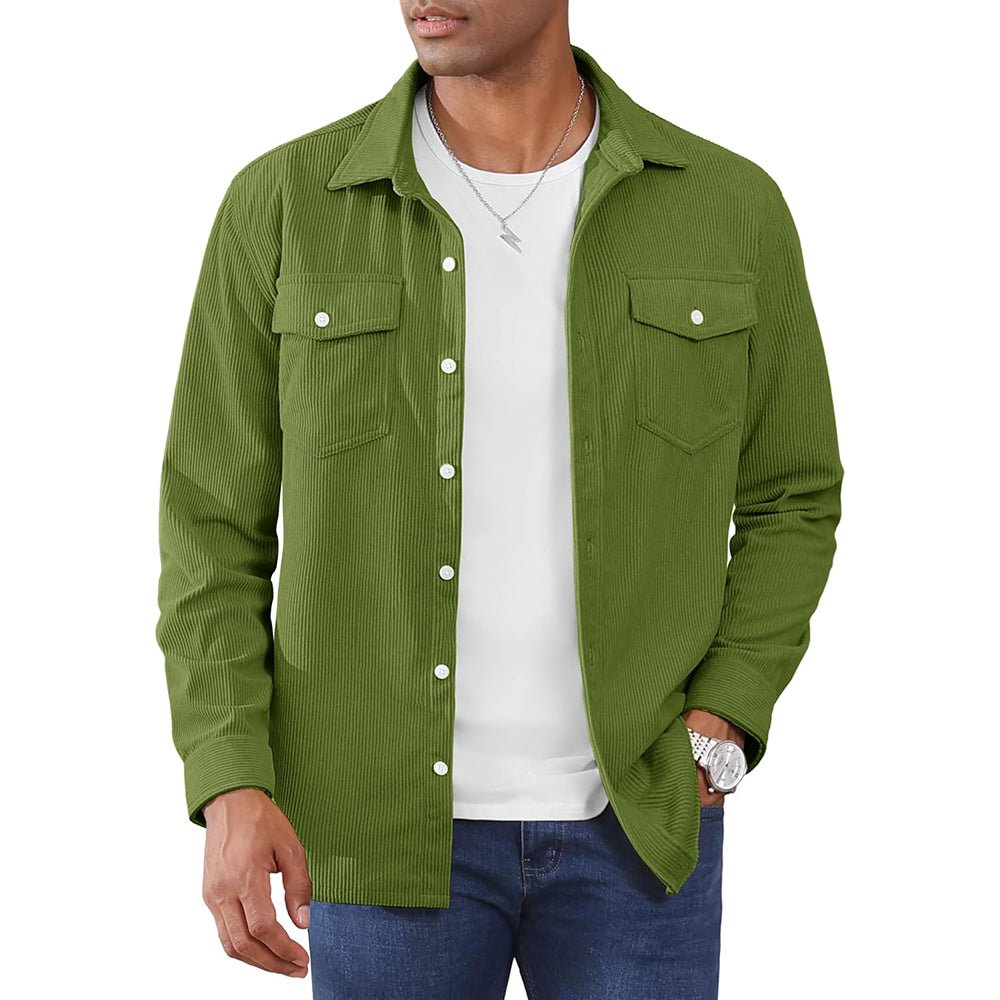 Men's corduroy button-down shirt jacket with front pockets, lightweight casual versatile outerwear